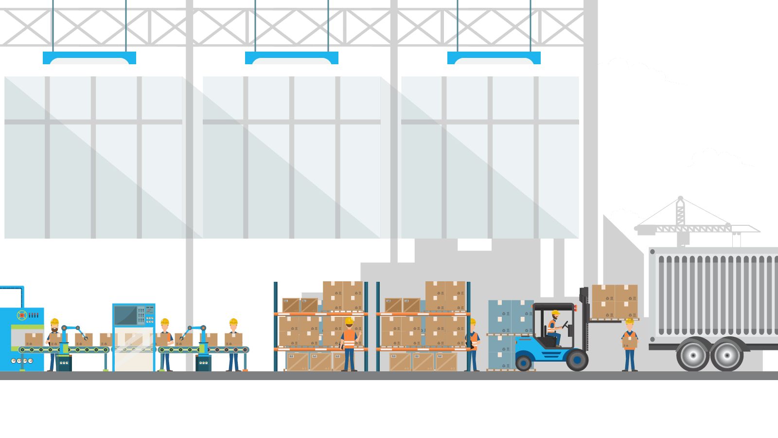 Illiustration image of a factory with an assembly line of boxes being palletized then moved with a forklift on to a truck in manufacturing execution systems